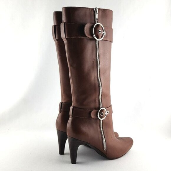 ECCO Tall Tan Brown Leather Heeled Boots Strap  Buckle Zip Feature Size 37 - Picture 3 of 16